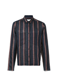 Navy Vertical Striped Linen Long Sleeve Shirt