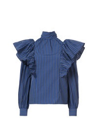 Navy Vertical Striped Long Sleeve Blouse