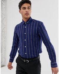 MOSS BROS Moss London Skinny Fit Shirt With Linen Mix Stripe In Navy