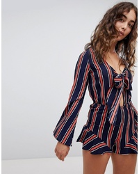 QED London Stripe Playsuit With Bow And Frill Hem And Red