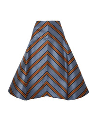 Navy Vertical Striped Satin Midi Skirt