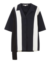 Navy Vertical Striped Silk Short Sleeve Button Down Shirt