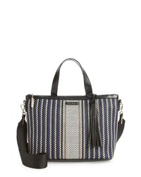 Navy Vertical Striped Straw Tote Bag