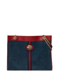 Navy Vertical Striped Suede Tote Bag