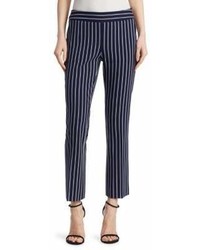 Women's White Silk Sleeveless Top, Navy Vertical Striped Tapered Pants, Black  Leather Heeled Sandals