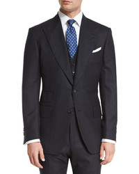 Tom Ford Windsor Base Extra Light Flannel Pinstripe Three Piece Suit Navy