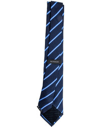 Versace Thin Diagonal Stripe Silk Tie Navybluewhite