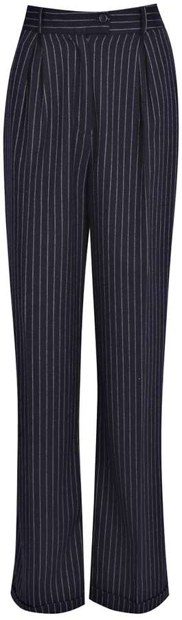 navy pinstripe wide leg trousers