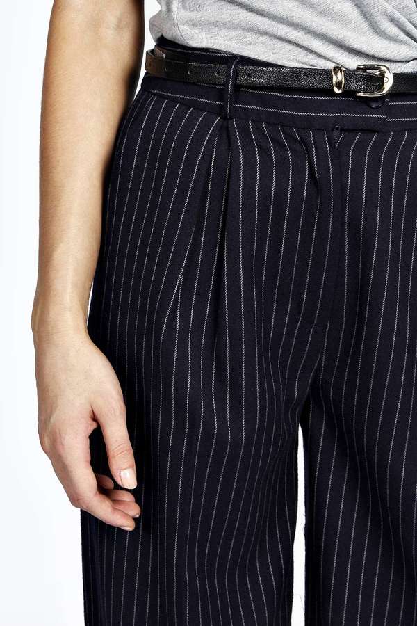 navy pinstripe wide leg trousers