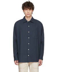 Navy Vertical Striped Wool Long Sleeve Shirt