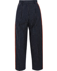 Acne Studios Milli Cropped Pinstriped Wool Blend Twill Straight Leg Pants Midnight Blue