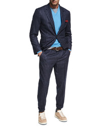 Brunello Cucinelli Chalk Stripe Wool Two Piece Suit Navy