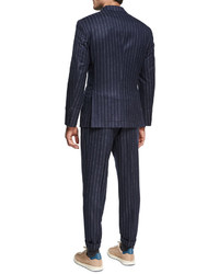 Brunello Cucinelli Chalk Stripe Wool Two Piece Suit Navy