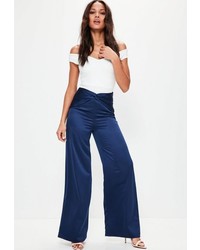 Missguided Navy Knot Detail Satin Wide Leg Trousers