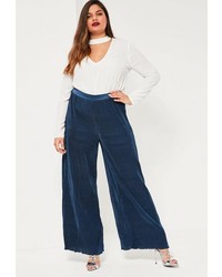 Missguided Plus Size Navy Pleated Wide Leg Fluted Hem Trousers