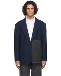 Men's Navy Wool Blazer, Mint V-neck Sweater, Light Blue Chinos, Brown