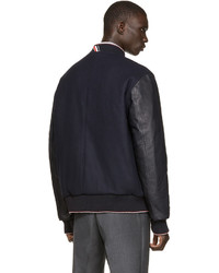 Thom Browne Navy Leather Wool Bomber Jacket