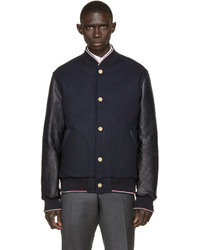 Thom Browne Navy Leather Wool Bomber Jacket