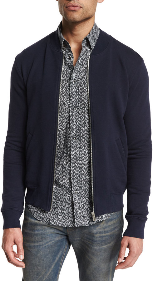 Maison Margiela Zip Up Knit Bomber Jacket With Elbow Patches Navy