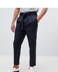 ASOS DESIGN Tapered Smart Trouser In Navy Wool With Self Tie Belt