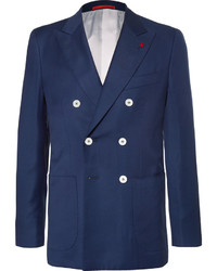 Isaia Blue Double Breasted Super 130s Basketweave Wool Blazer