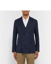 Caruso Navy Double Breasted Wool Hopsack Blazer