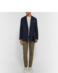 Caruso Navy Double Breasted Wool Hopsack Blazer