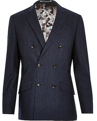 River Island Navy Wool Blend Double Breasted Suit Jacket