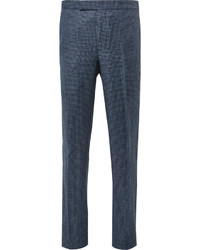 Richard James Blue Slim Fit Slub Wool And Linen Blend Puppytooth Suit Trousers