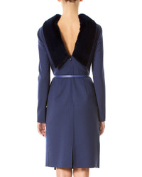 Carolina Herrera Belted Suiting Dress With Mink Fur Collar Blue