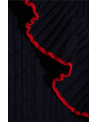 MSGM Ruffle Trimmed Ribbed Wool Mini Dress Navy
