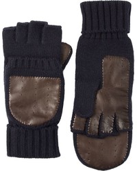 Barneys New York Knit Leather Convertible Fingerless Gloves Brown