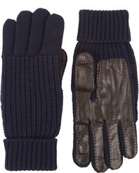 Barneys New York Leather Trim Knit Gloves Blue