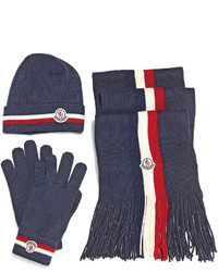 Moncler Striped Logo Wool Gloves Navy