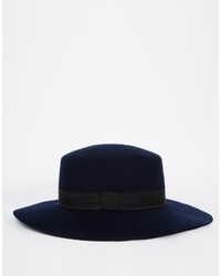 Asos Brand Flat Top Hat In Navy Felt With Wide Brim