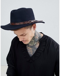 ASOS DESIGN Pork Pie Hat With Wide Brim In Navy With Tan Embossed Band Detail