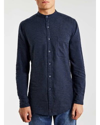 Topman Navy Flannel Stand Collar Long Sleeve Casual Shirt