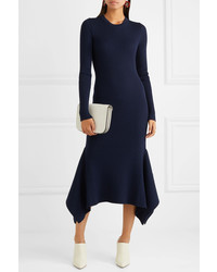 Victoria Beckham Asymmetric Ribbed Wool Midi Dress Navy