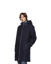 Kenzo Navy Wool Nylon Hooded Coat