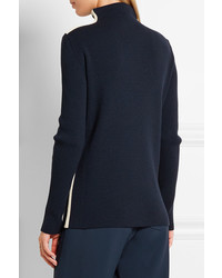 Cédric Charlier Canvas Trimmed Ribbed Wool Blend Turtleneck Sweater Navy