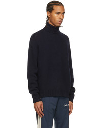 Palm Angels Navy Curved Logo Turtleneck Sweater