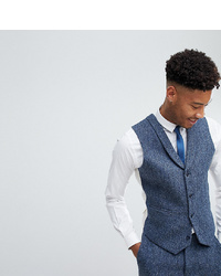 ASOS DESIGN Asos Tall Slim Suit Waistcoat In 100% Wool Harris Tweed In Blue Mini Check