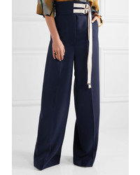 Marni Canvas Trimmed Wool Wide Leg Pants Navy