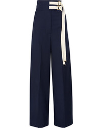 Marni Canvas Trimmed Wool Wide Leg Pants Navy