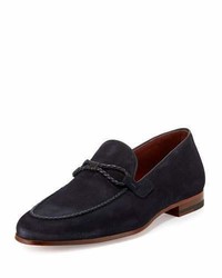 Magnanni For Neiman Marcus Suede Loafer With Woven Leather Strap Navy