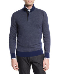 Ermenegildo Zegna Birdseye Quarter Zip Cashmere Blend Sweater Navy