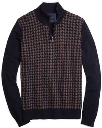 Brooks Brothers Cashmere Large Houndstooth Half Zip Mockneck Sweater