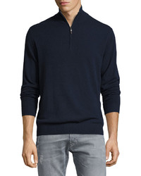 Neiman Marcus Cashmere Zip Neck Sweater Midnight