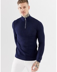 ASOS DESIGN Knitted Cable Half Zip Jumper In Navy