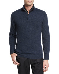 Ermenegildo Zegna Melange Cashmere Half Zip Pullover Sweater Navy